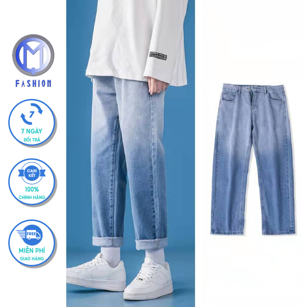 Quần jean nam baggy ống rộng dáng suông M Fashion phối loang phong cách hàn quốc