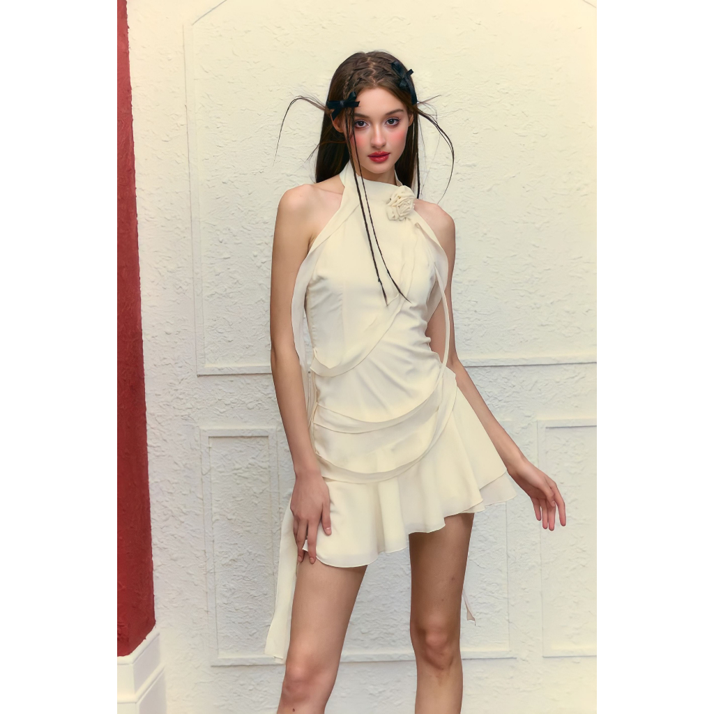 Váy đầm cổ yếm tua rua chất liệu tơ nhung lụa cao cấp , Đầm Dáng Chữ A Lệch Tà Mùa Hè Phong Cách Mới Quyến Rũ Cho Nữ