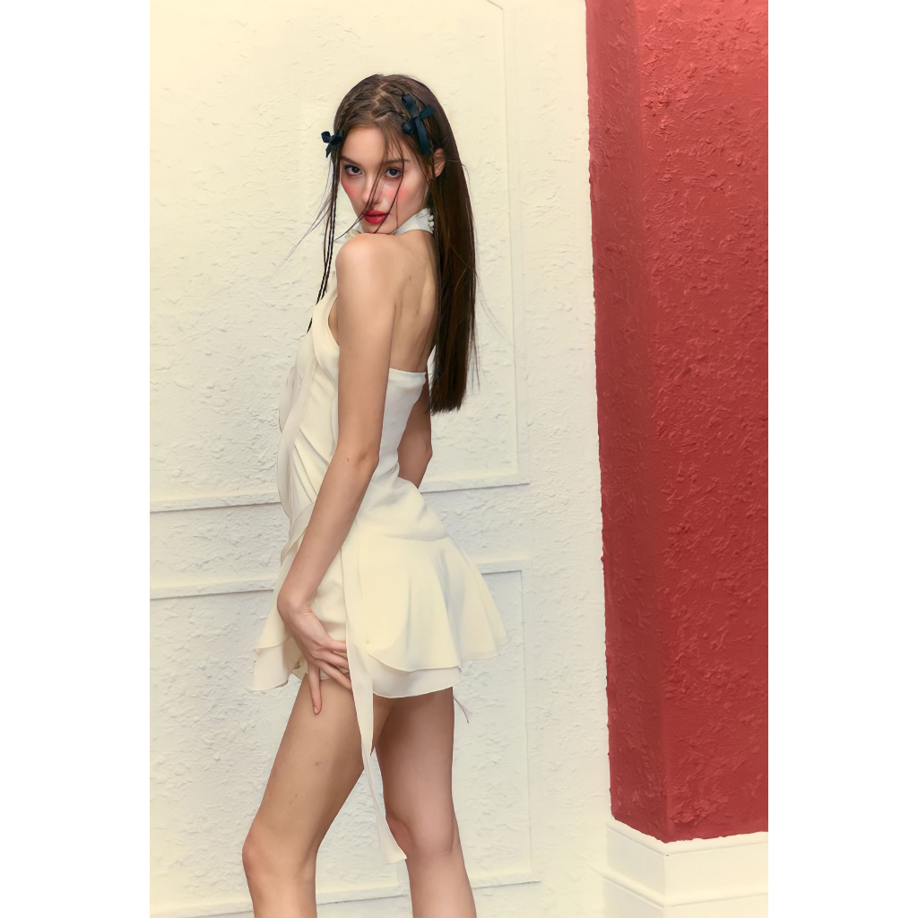 Váy đầm cổ yếm tua rua chất liệu tơ nhung lụa cao cấp , Đầm Dáng Chữ A Lệch Tà Mùa Hè Phong Cách Mới Quyến Rũ Cho Nữ