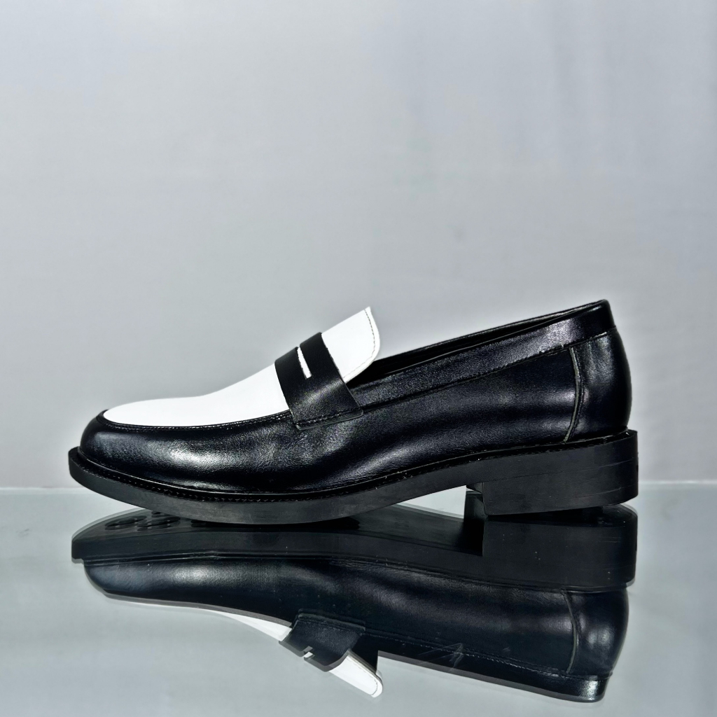 Giày Tây Penny Loafer Hai Màu Trắng Đen Kèm Quà Tặng
