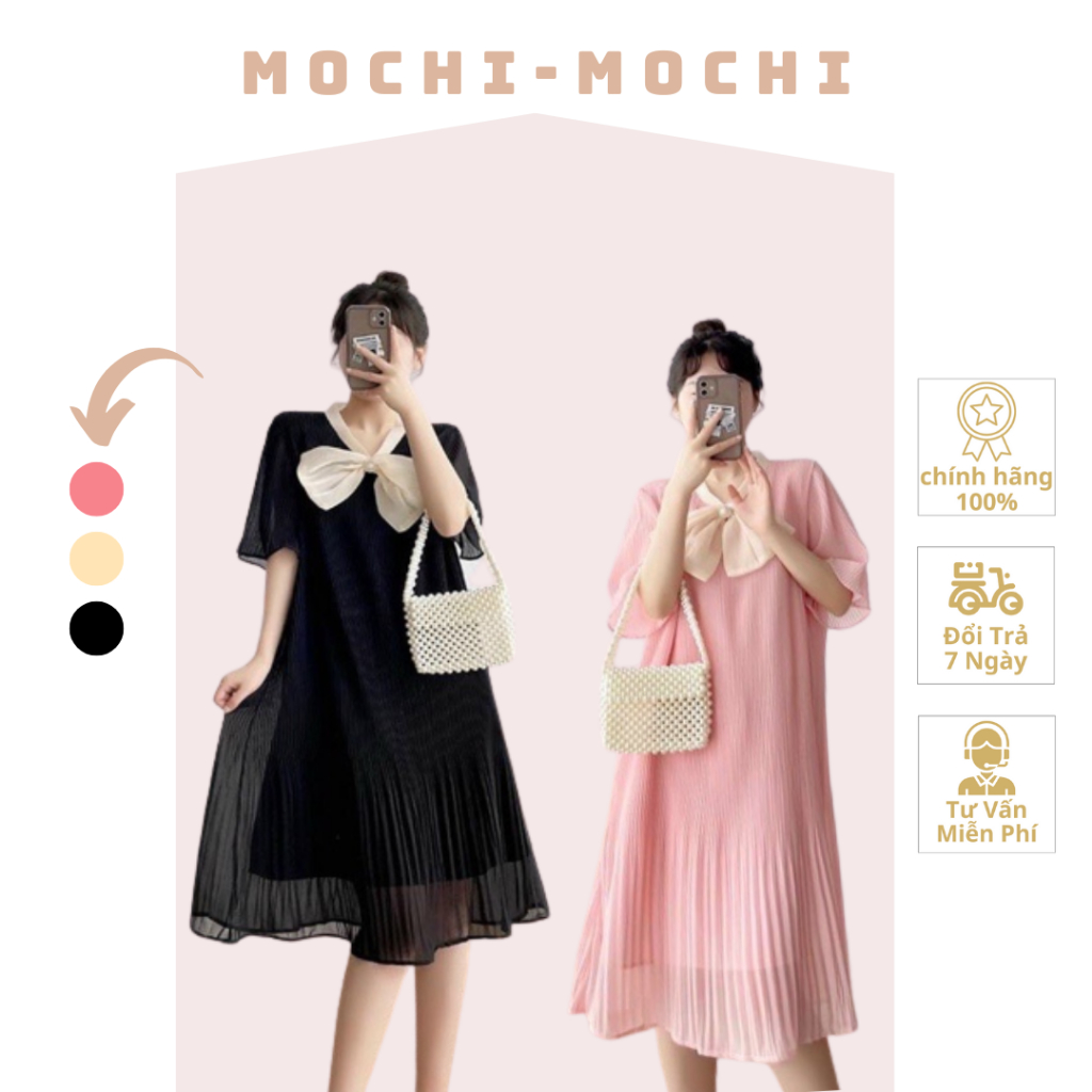 Mẹ bầu đi dự tiệc mặc gì? Đầm Váy Bầu thiết kế nơ siêu sang-Váy Bầu voan ly 2 lớp freesize 43-68kg