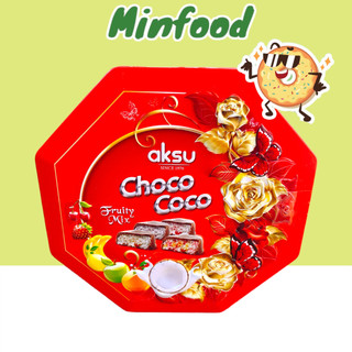 Kẹo socola aksu choco coco nhân dừa mix trái cây hộp thiếc 180g