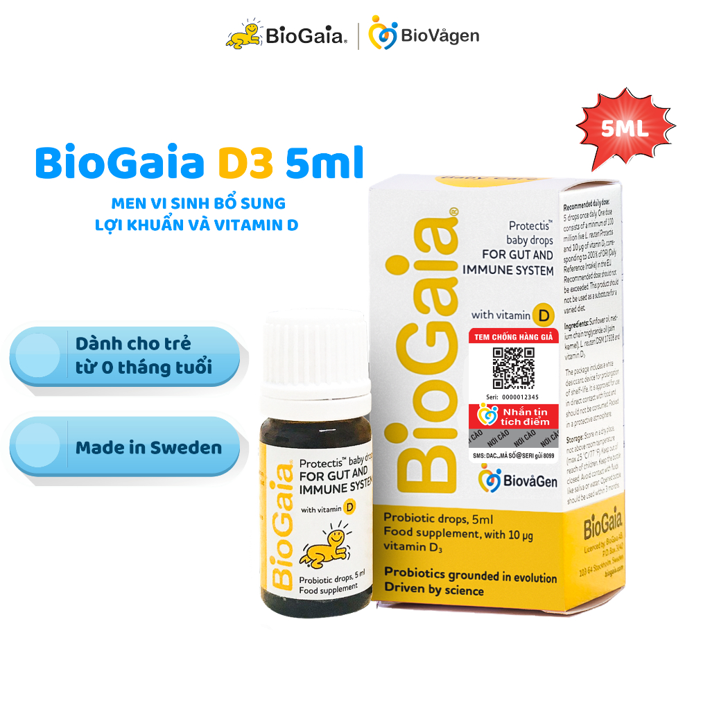 Men vi sinh BioGaia ProTectis Drops Vitamin D3 cải thiện hệ tiêu hóa xuất xứ Thụy Điển dung tích 5 ml