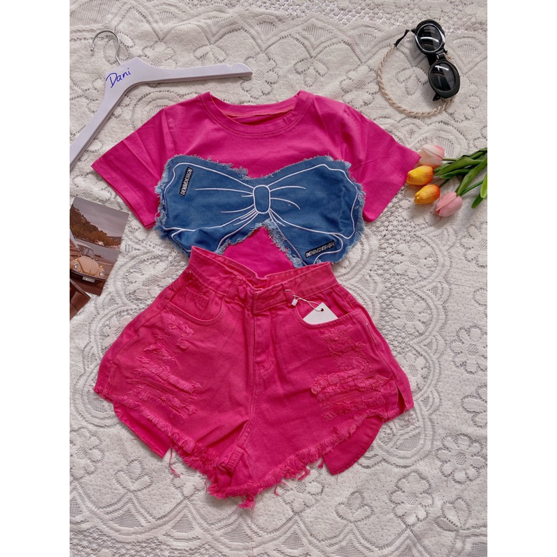 Set áo BABYTEE fit phối jeans + quần short jeans đùi lòi túi lưng cao - J1R
