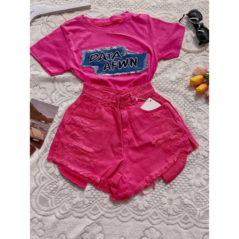 Set áo BABYTEE fit phối jeans + quần short jeans đùi lòi túi lưng cao - J1R