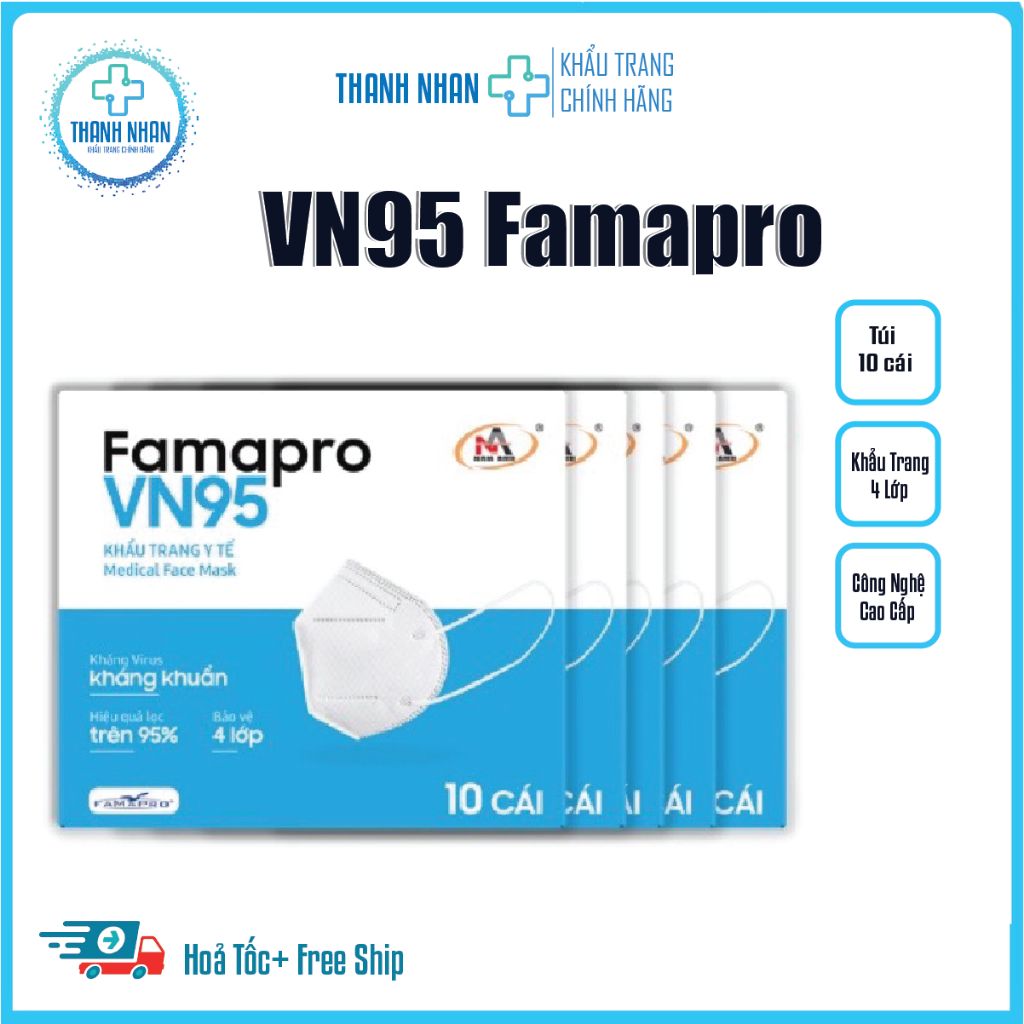 [Hộp 10 Cái] Khẩu trang VN95 chính hãng Famapro-Nam Anh,thiết kế 4 lớp kháng khuẩn,chống nắng,tia uv,tương đương N95.