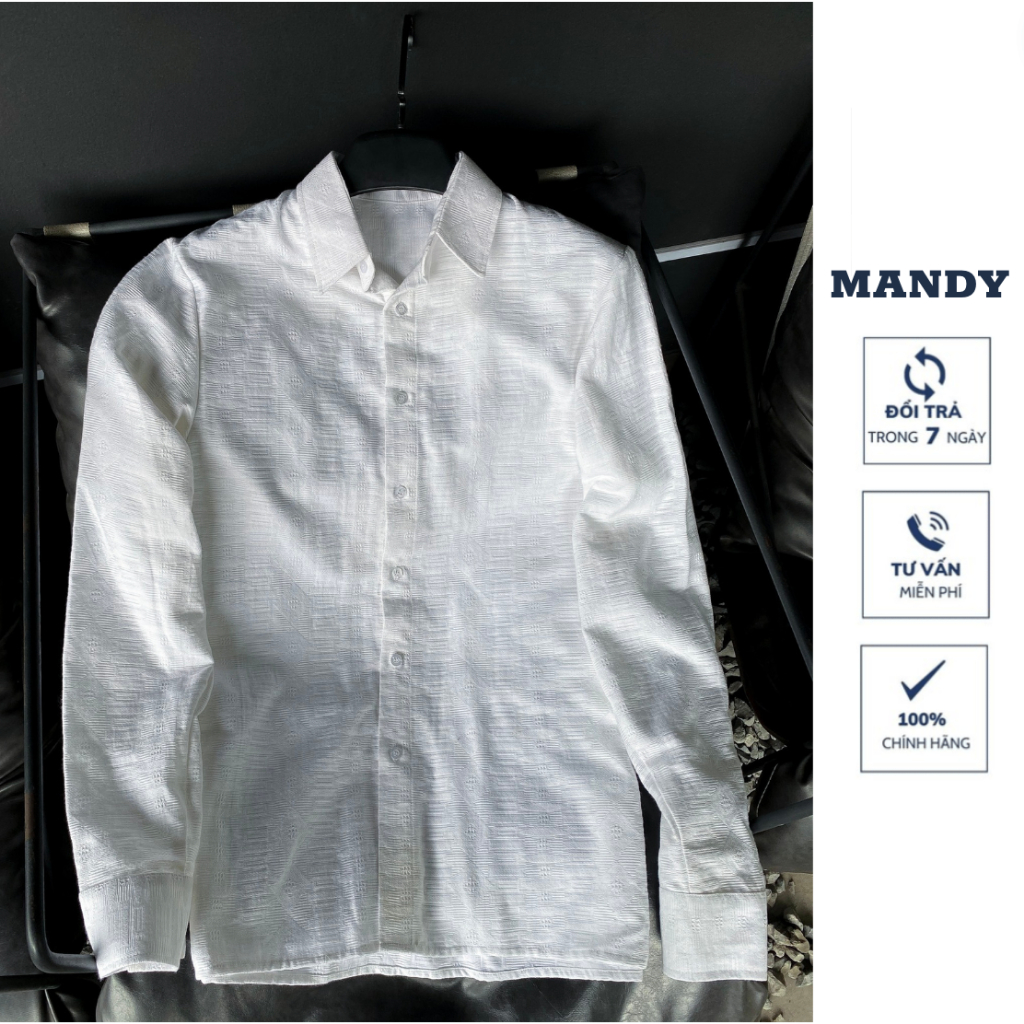 Áo sơ mi nam dài tay cổ đức chuẩn form MANDY | Trắng hoạ tiết Vân Nổi