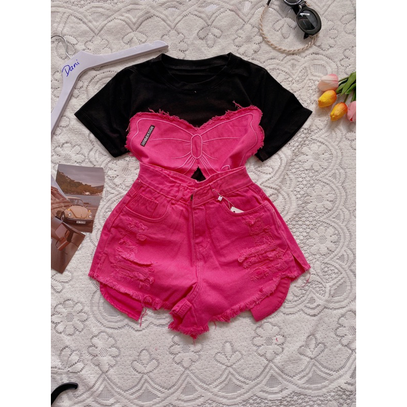 Set áo BABYTEE fit phối jeans + quần short jeans đùi lòi túi lưng cao - J1R