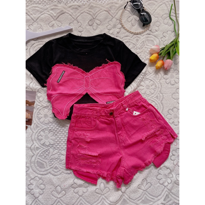 Set áo BABYTEE fit phối jeans + quần short jeans đùi lòi túi lưng cao - J1R