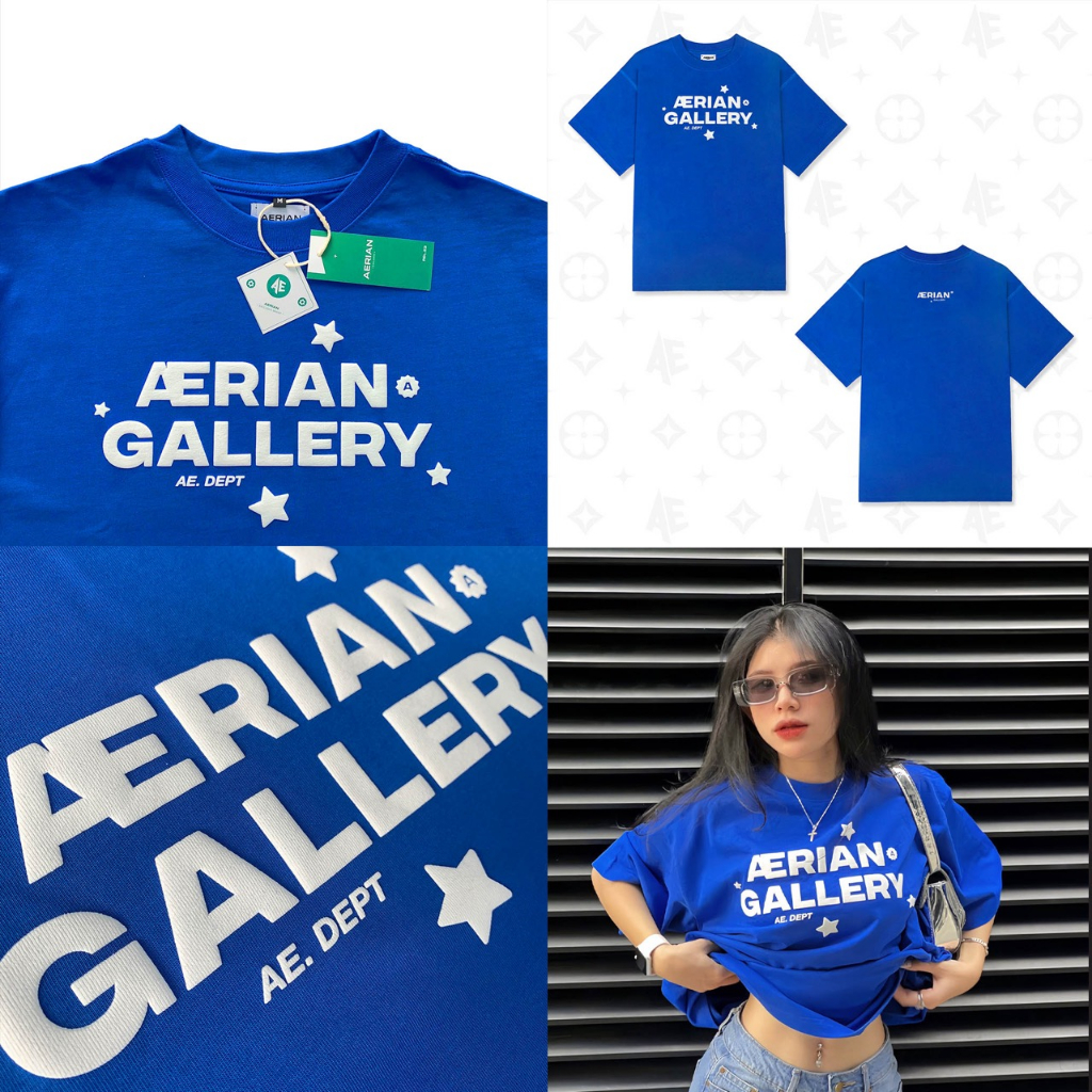 Áo AERIAN Gallery Star, Cotton 250gsm dệt Compact, Màu Kem / Đen / Hồng Dâu / Xanh Coban