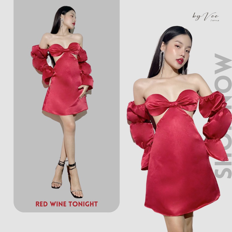 Đầm Tafta đỏ trễ vai khoét eo tay phồng quyến rũ - Byveestyle