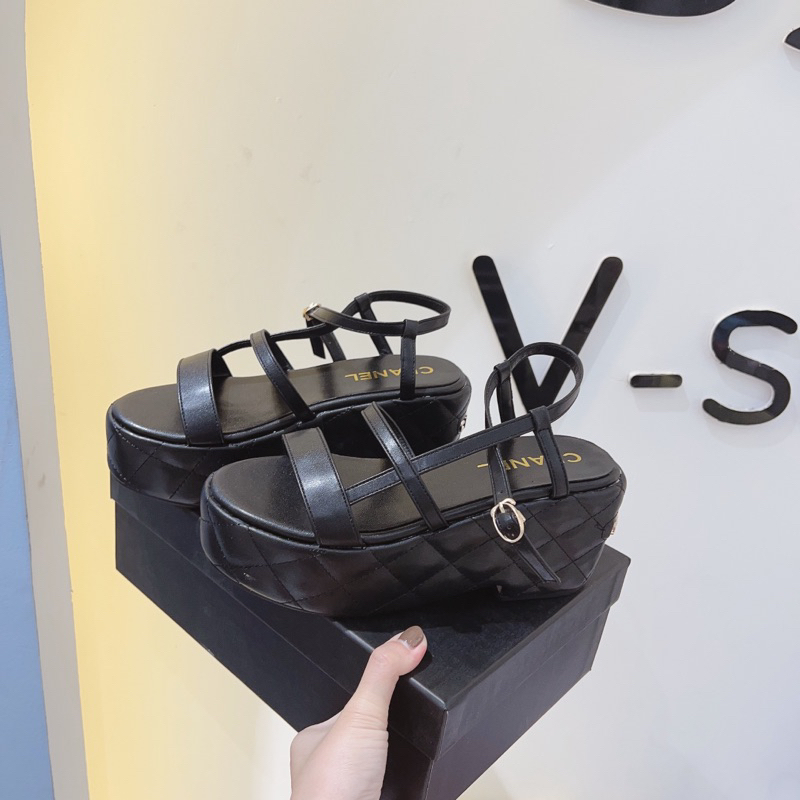 Sandal đế dày trần trám, quai mảnh siêu Hot. Hàng quảng châu cao cấp có hộp đựng