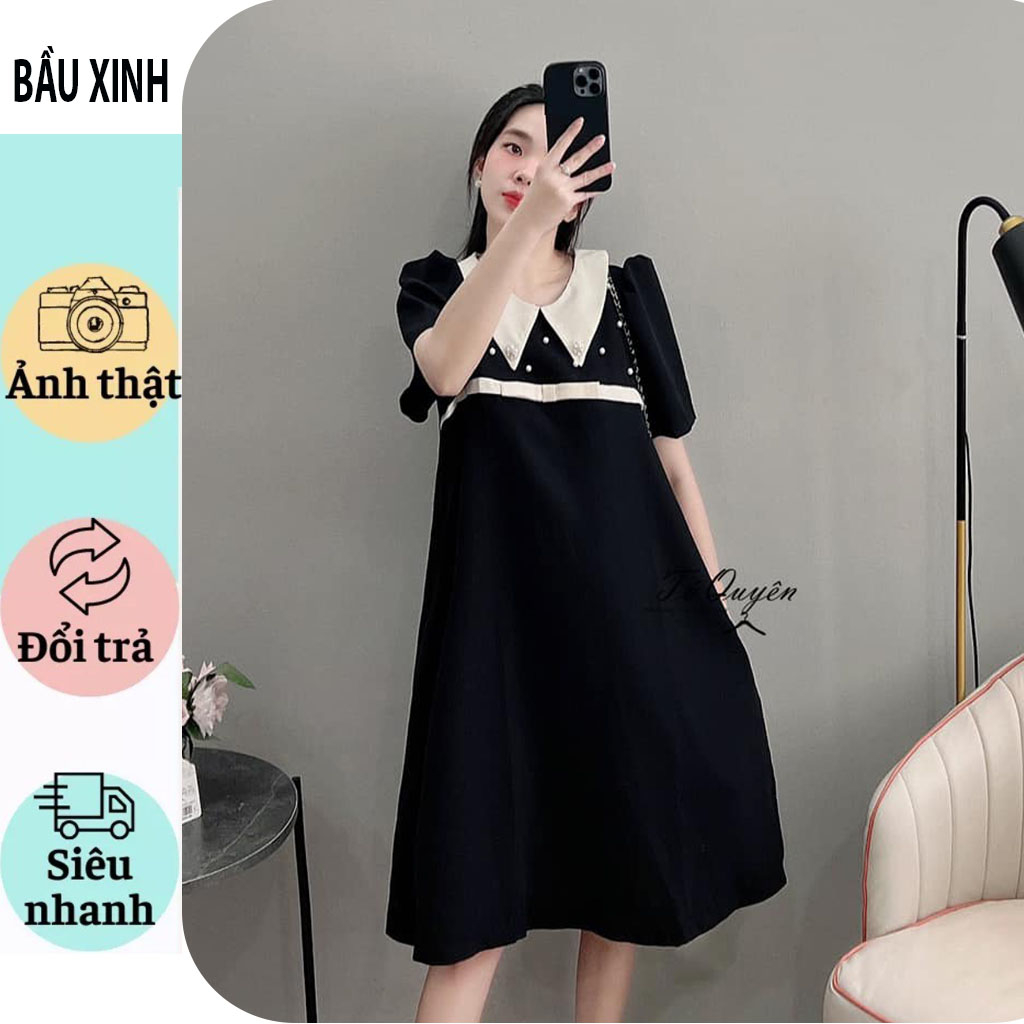 VÁY ĐẦM BẦU MÙA HÈ THIẾT KẾ BABY DOLL CỔ SƠ MI CÁCH ĐIỆU ĐÍNH HẠT CỰC SANG VẢI MỀM MÁT FRESIZE GIÁ RẺ