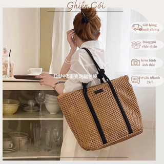 Túi cói đeo vai dây đen thắt nút, túi tote cỡ lớn có khoá kéo