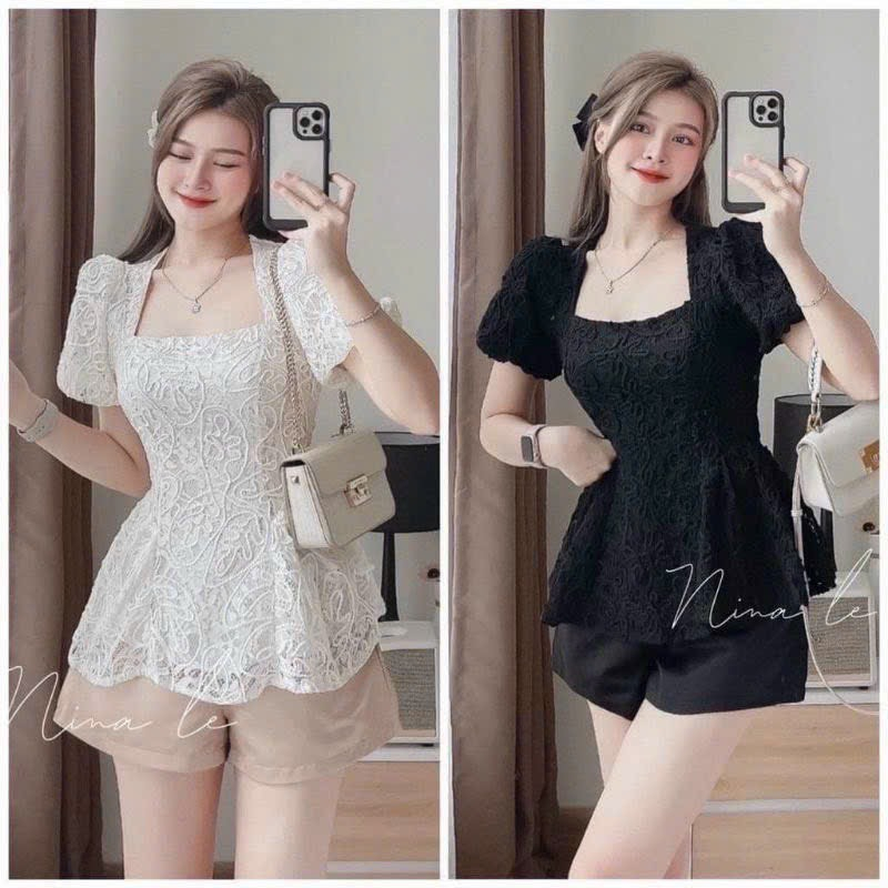 Set đồ nữ áo ren cổ vuông tay phồng xòe (có mút) mix quần đùi tapta 2 màu thanh lịch dễ thương