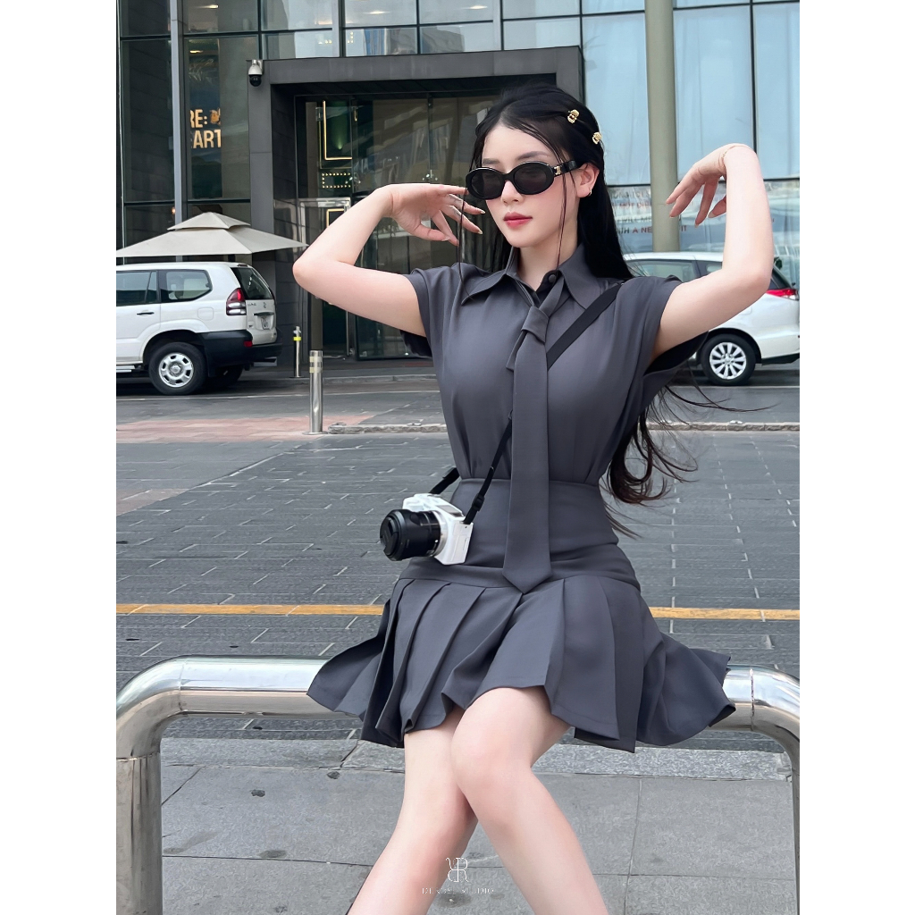 GISELLE SET - Set sơ mi cà vạt chân váy xám basic