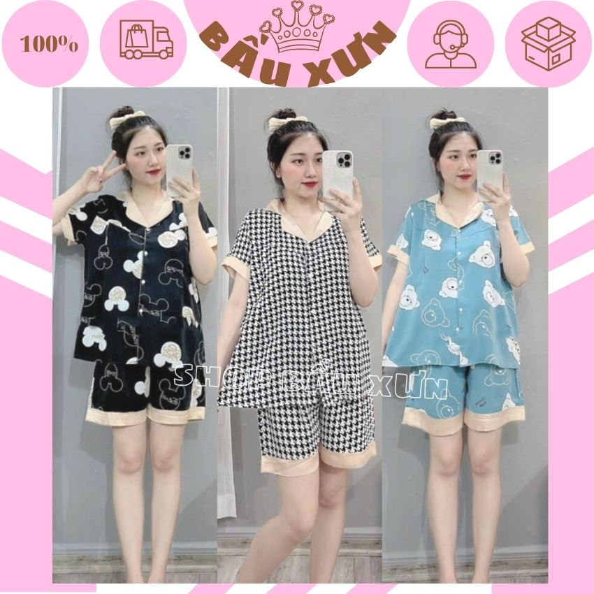BỘ CỘC BẦU MẶC NHÀ PIJAMA M274 CỔ SEN CÓ KHÓA TI QUẦN ĐÙI, BỘ ĐỒ ĐÙI BẦU MÙA HÈ CỔ PHA LỤA THOÁNG MÁT