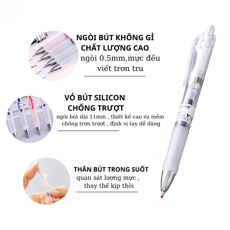 Bút gel Bitoon V35 bấm ngòi 0.5mm, Bút bi nước văn phòng trong suốt, Bút gel bấm cao cấp