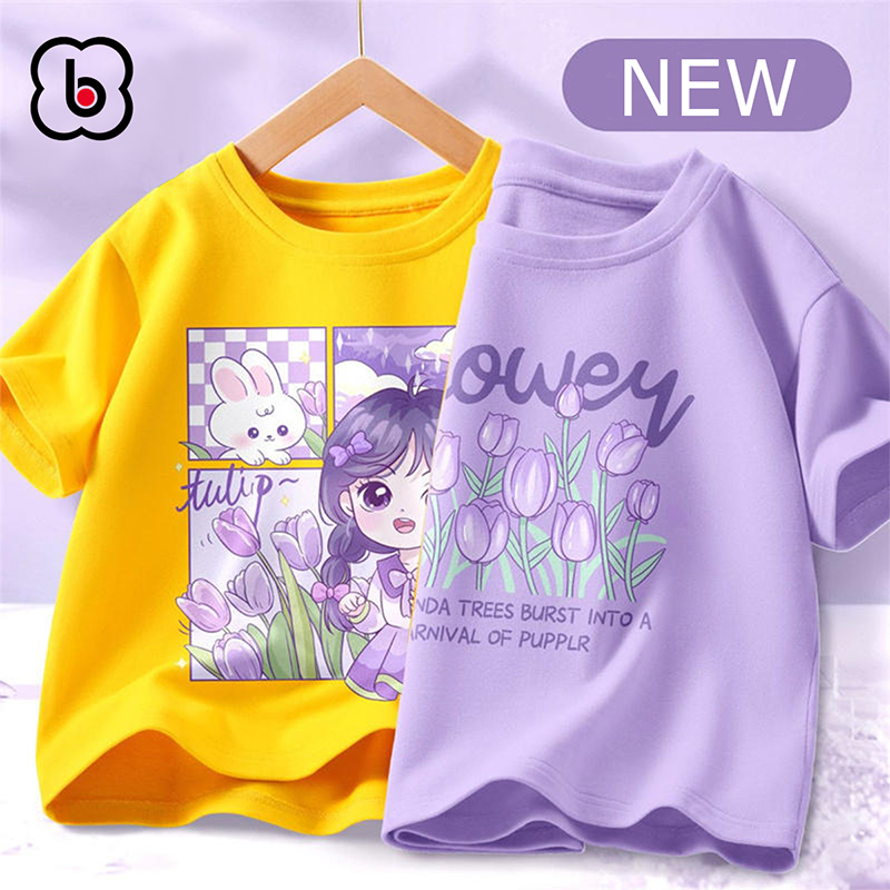 Combo 2 áo thun bé gái BabyloveGO mẫu mới 2023 áo trẻ em họa tiết hoa Tulip dễ thương