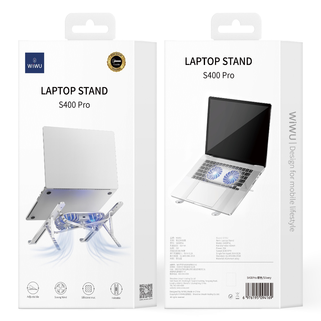 KỆ WIWU LAPTOP STAND S400 PRO cho laptop, macbook làm bằng hợp kim nhôm, có quạt tản nhiệt - Hàng chính hãng