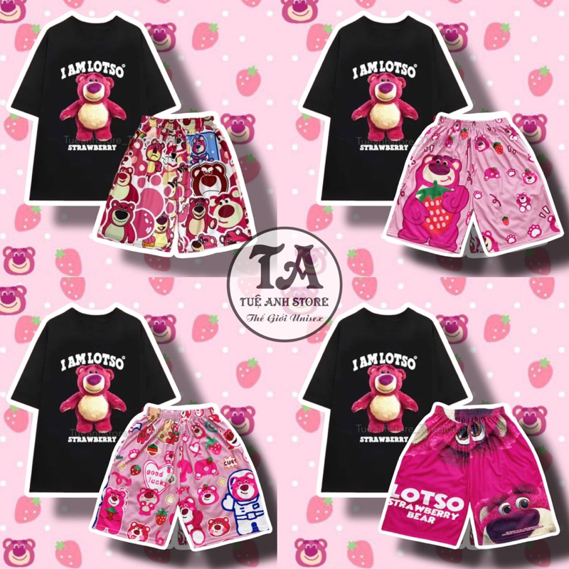  Set Bộ Đùi Gấu Dâu Lotso cotton quần áo hoạt hình hoạ tiết cute - Bộ mặc nhà Cartoon form rộng Unisex nam nữ