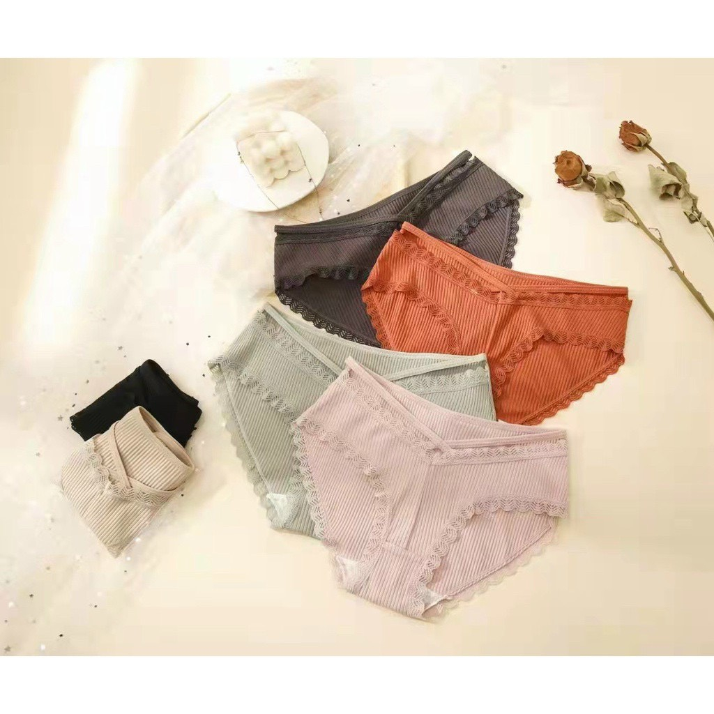 Quần lót nữ cotton gân tăm phối ren sexy 2 dây chéo QL72