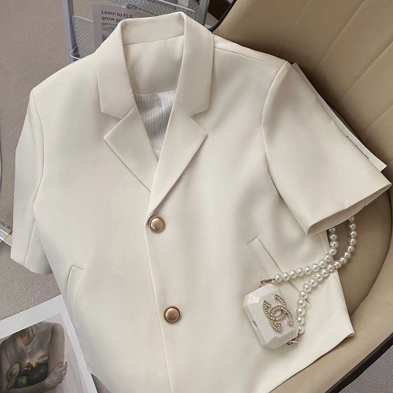 Ảnh thật_Áo khoác Blazer ngắn tay 2 lớp màu trắng kem