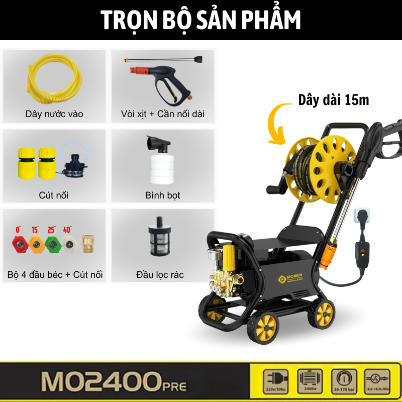 Máy rửa xe bán công nghiệp MO2400pre chính hãng siêu mạnh - Có rulo cuốn 15M dây và khung 4 bánh xe - lõi đồng 100%