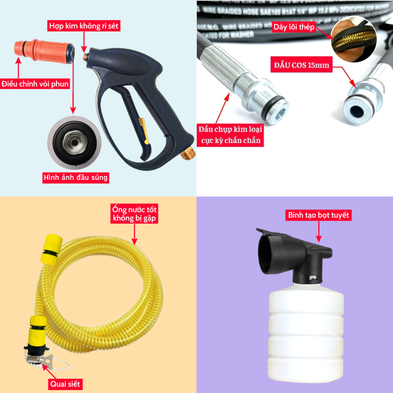 Máy rửa xe bán công nghiệp MO2400pre chính hãng siêu mạnh - Có rulo cuốn 15M dây và khung 4 bánh xe - lõi đồng 100%