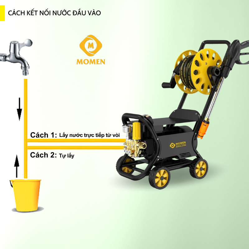 Máy rửa xe bán công nghiệp MO2400pre chính hãng siêu mạnh - Có rulo cuốn 15M dây và khung 4 bánh xe - lõi đồng 100%