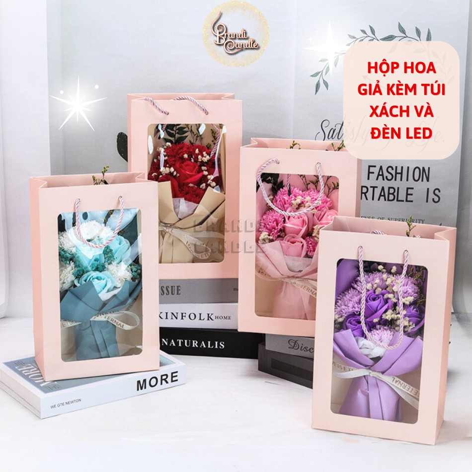 Bó hoa lụa sáp quà tặng kèm hộp túi xách và đèn nháy