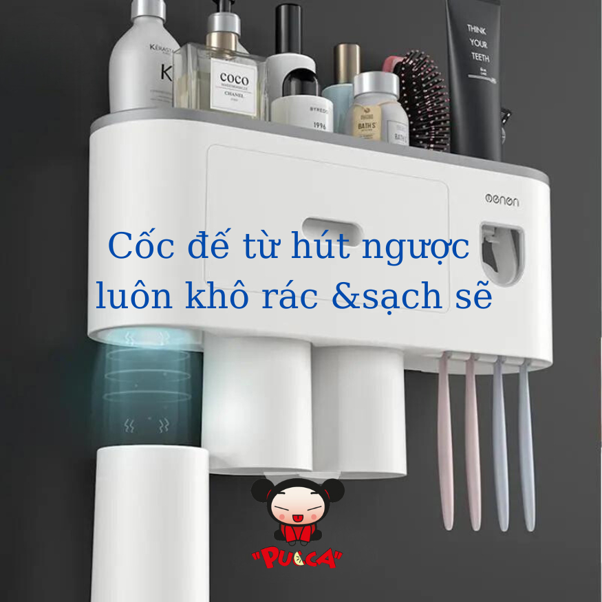 Bộ Nhả Kem Đánh Răng Tự Động, Hộp Đựng Bàn Chải Cao Cấp,Kệ Để Đồ Phòng Tắm Oenon (Tặng kèm miếng dán)