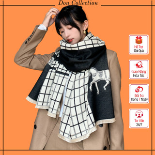 Khăn len choàng cổ unisex, Khăn quàng cổ giả cashmere hoạ tiết caro phối ngựa phong cách cổ điển tone đen - Mã LN045