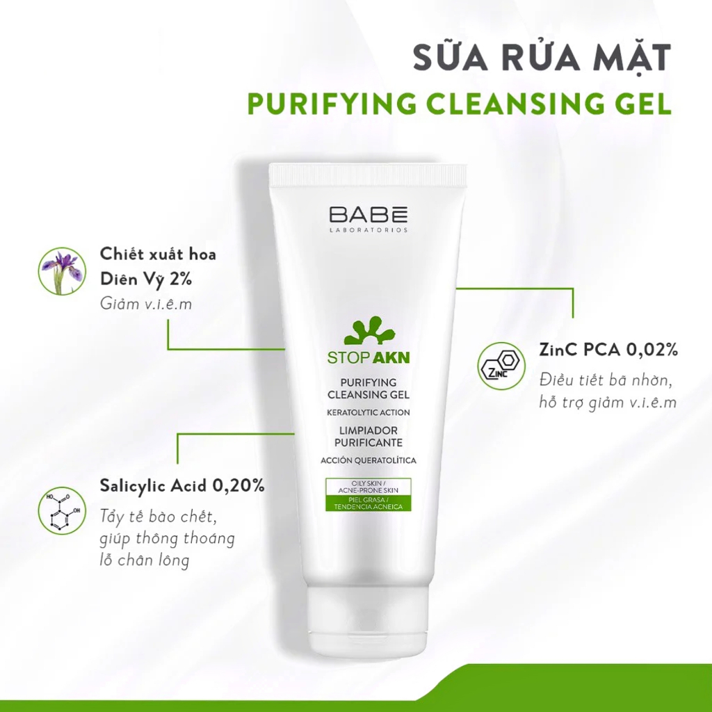 Sữa Rửa Mặt BABÉ Stop Akn Purifying Cleansing Gel Cho Da Dầu Mụn 200ml