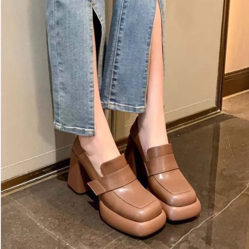 ORDER 💜 Giày moca mũi vuông da bò trơn gót trụ 10cm