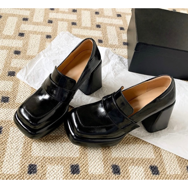 ORDER 💜 Giày moca mũi vuông da bò trơn gót trụ 10cm