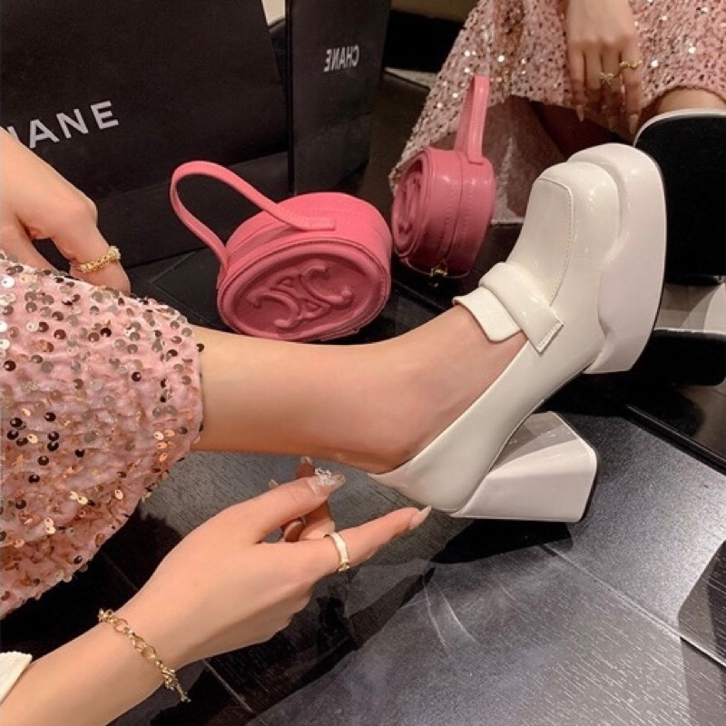 ORDER 💜 Giày moca mũi vuông da bò trơn gót trụ 10cm