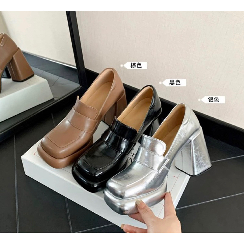 ORDER 💜 Giày moca mũi vuông da bò trơn gót trụ 10cm