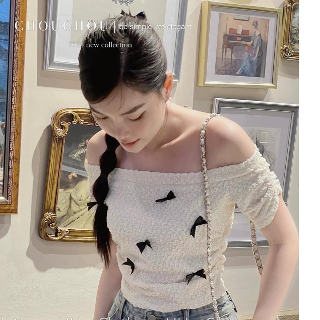 Áo xốp nơ đen dáng ngắn