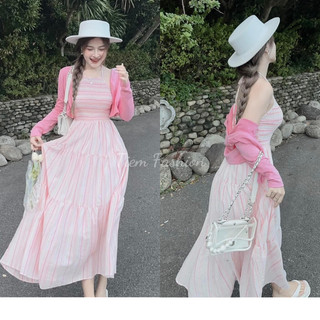 Đầm váy cổ yếm dáng dài kèm áo khoác đầm maxi dáng dài chun ngực đi biển dáng xòe đầm cổ yếm nhún ngực mtb105