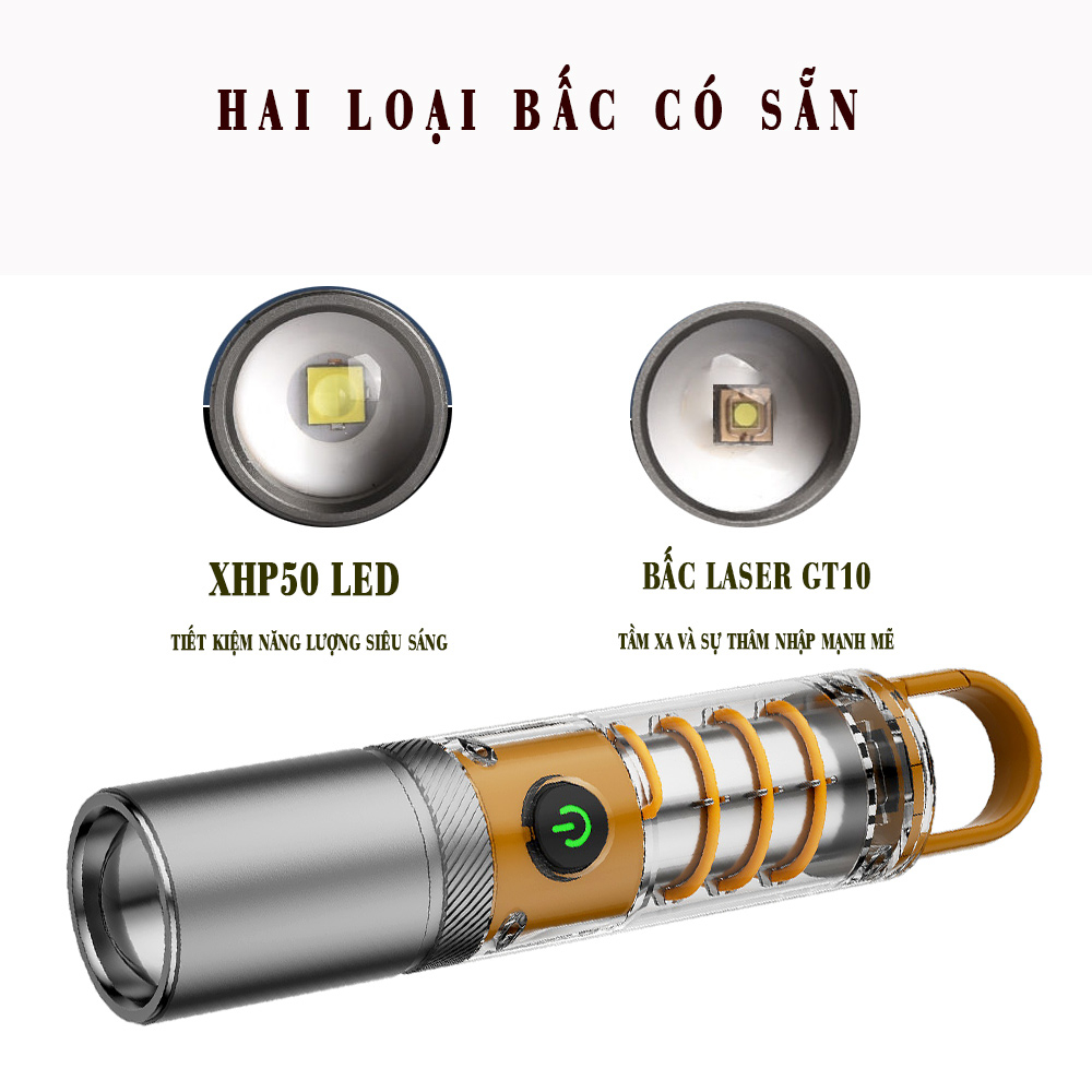 Đèn Pin XHP50 Siêu Sáng Zoom led laze chiếu xa chống nước bảo sạc sáng cầm tay dã ngoài trời cắm trại đi chơi picnic thở