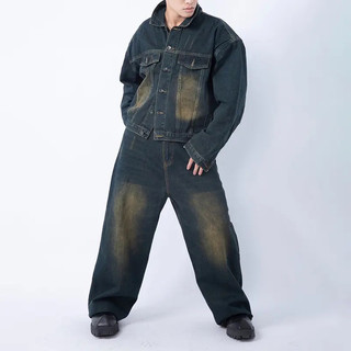 Set Denim Rock, Ver.2 Gồm Áo Khoác Jeans From Crop Và Quần Jeans Ống Siêu Rộng Wash Vằn From Rộng