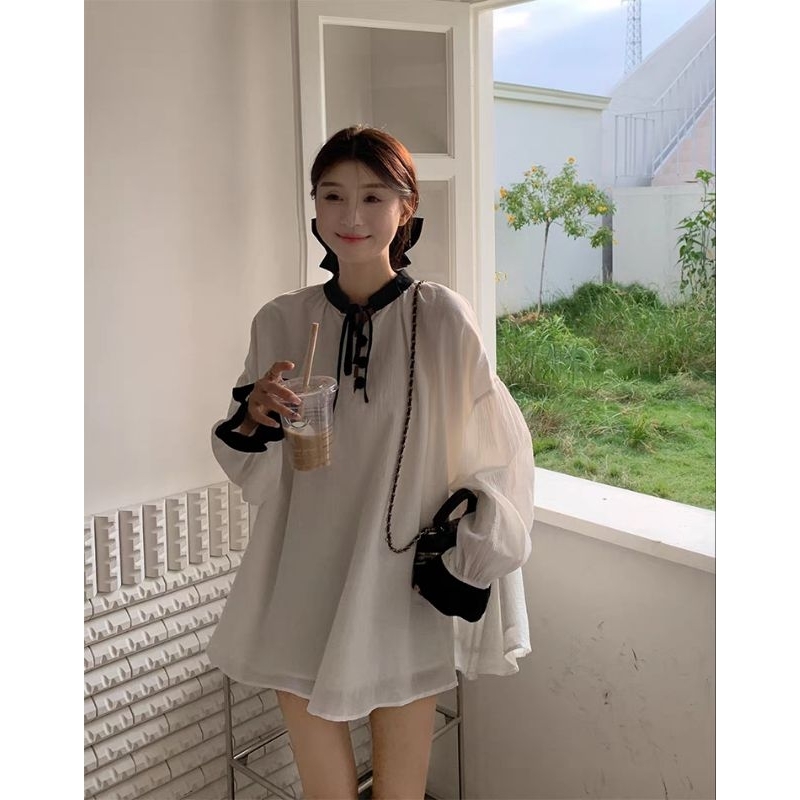 (ORDER) Sơ Mi Trắng Dáng Rộng Phối Viền Đen Thiết Kế Sang Chảnh Dễ Mix Đồ