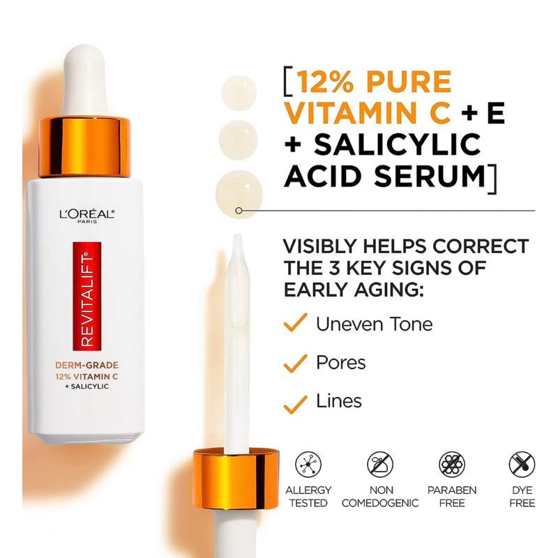 USA_Serum Loreal giúp sáng da, chống lão hóa L’Oréal Paris Revitalift Derm Intensives 12% Vitamin C + E +Salicylic