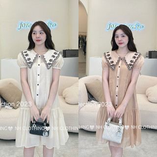 Váy voan tơ cao cấp cổ ren hoa siêu mềm rất ít nhăn tiểu thư