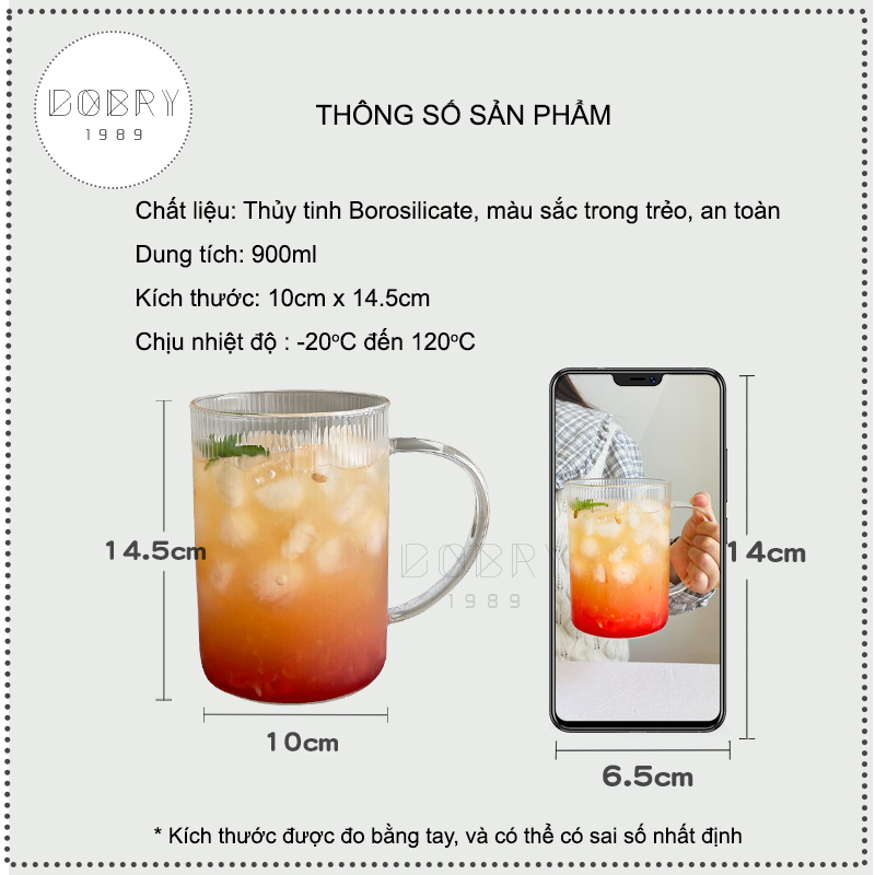 Ly thuỷ tinh vân sọc dọc dung tích lớn 900ml, có nắp nhựa & ống hút, dùng uống trà sữa, cà phê, chịu nhiệt độ cao