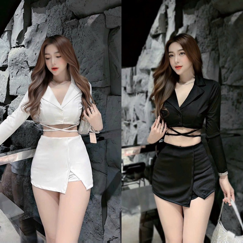 Set vest cotton lạnh buộc dây eo tay dài chân váy ngắn sexy lin