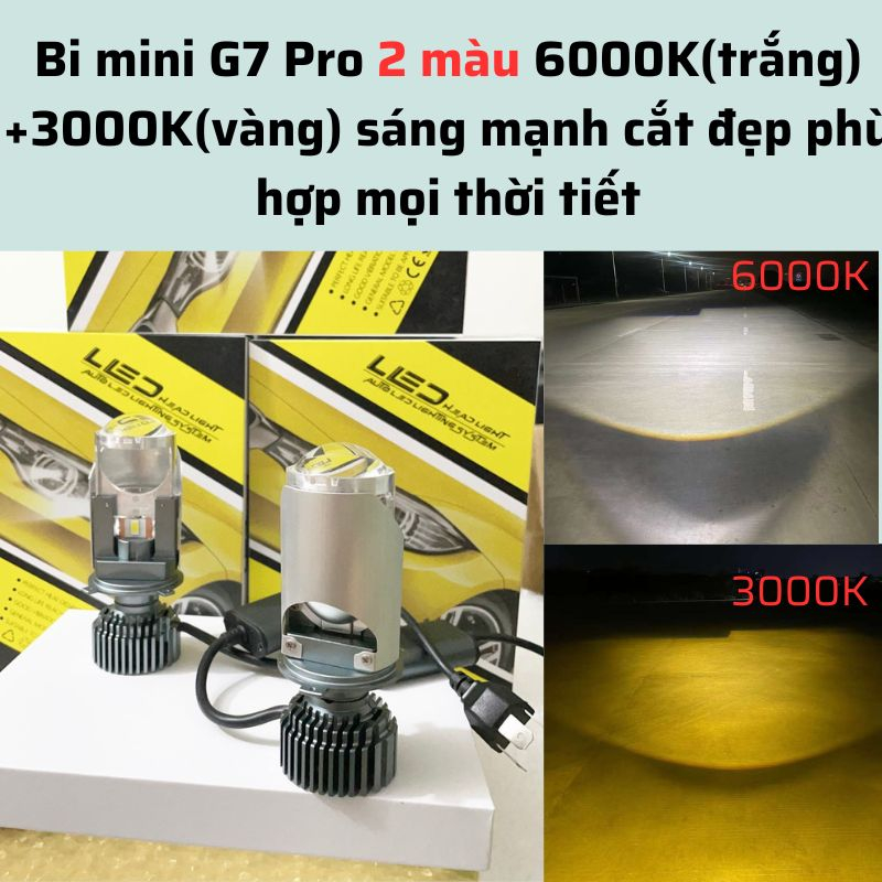 Đèn led bi cầu mini G7 Pro chân H4 2 màu 6000k (Trắng)+3000K(vàng nắng) sương mù, phá sương 12V-24V cho ô tô, xe máy