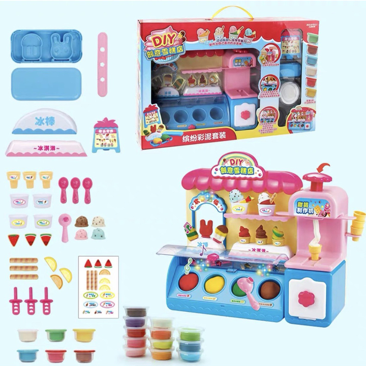 Đồ chơi máy bán kem có đèn với đất nặn nhiều màu kèm sẵn nhiều phụ kiện làm kem hình dáng dễ thương cho bé trai gái