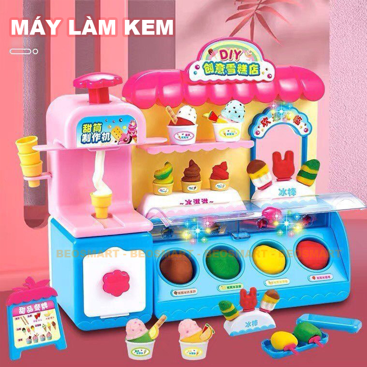 Đồ chơi máy bán kem có đèn với đất nặn nhiều màu kèm sẵn nhiều phụ kiện làm kem hình dáng dễ thương cho bé trai gái